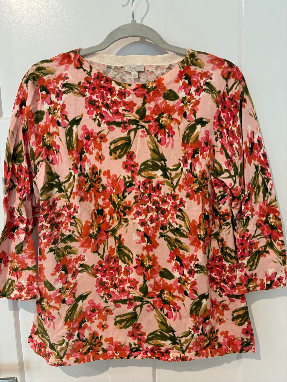 Talbots Pink Floral Sweater with Coral and Olive Green Print